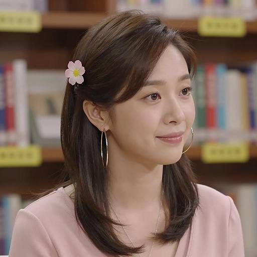 Elegant Woman in Book-Laden Setting