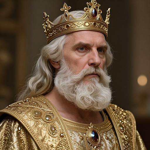 Photorealistic image of an elderly, white-haired king with a full beard, wearing an ornate gold crown and opulent, jeweled robe.