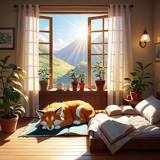 Cozy Bedroom with Sleeping Fox and Mountain View