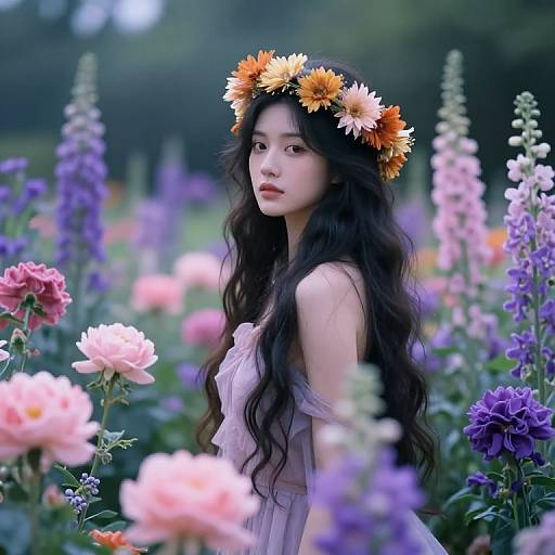 Photograph of an ethereal Asian woman with long, wavy black hair, wearing a floral crown and pale dress, surrounded by vibrant purple, pink