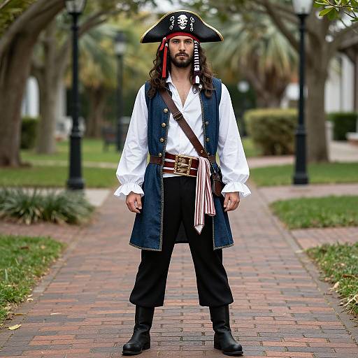 Photograph of a bearded man in a pirate costume, black tricorn hat with skull emblem, white shirt, blue vest, black pants, and