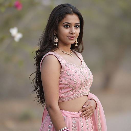 Elegant Dark-Skinned Woman in Pink Lehenga