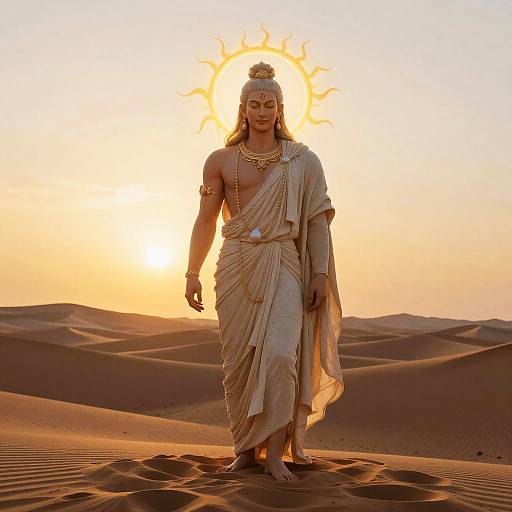 Photograph of a serene, sunlit, golden-skinned deity in a white drape, adorned with jewelry, standing in a desert with a glowing