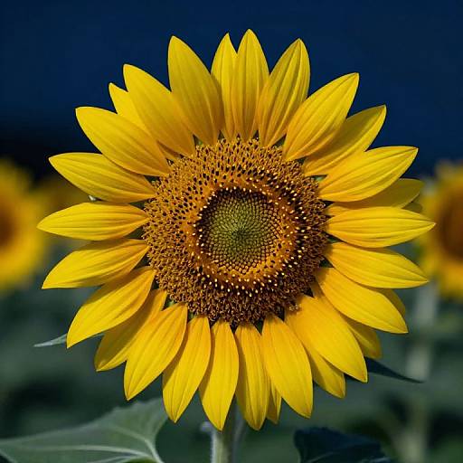 Photograph of a vibrant yellow sunflower with a dark brown center, detailed petals, and a blurred blue background, highlighting its bright, sunny appearance.