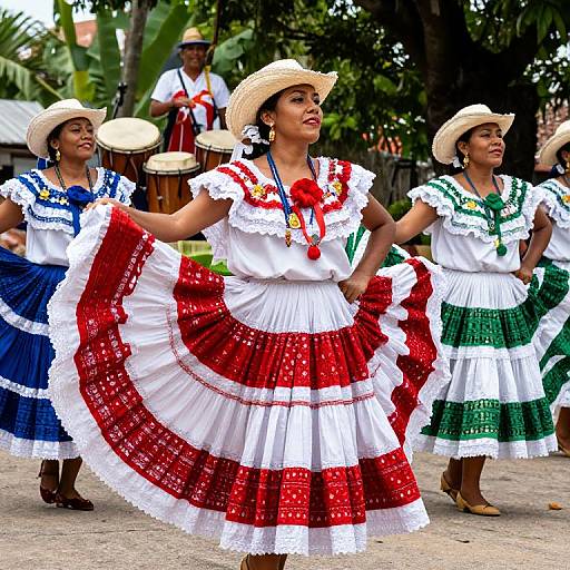 Photograph of three Latina women dancing in traditional Mexican folk costumes with red, blue, and green skirts, white blouses, straw hats, and lace