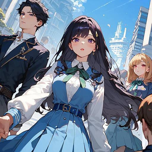 Anime School Uniforms in Cityscape