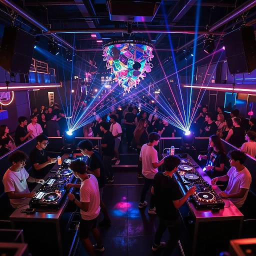 Photograph of a vibrant nightclub with neon lights, DJs at tables mixing music, and a crowded dance floor under colorful laser beams.