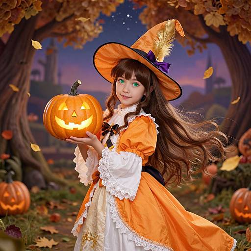 Digital artwork of a green-eyed girl in an orange witch dress with white lace, holding a glowing jack-o'-lantern, under autumn trees.