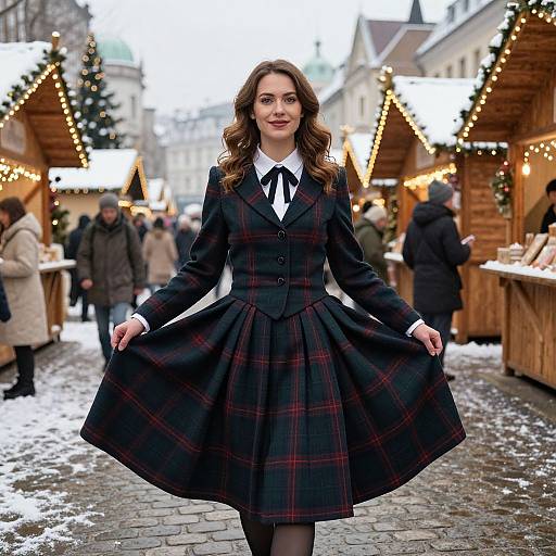 Photograph of a smiling woman with wavy brown hair, wearing a black plaid dress and blazer, standing in a snowy Christmas market with wooden