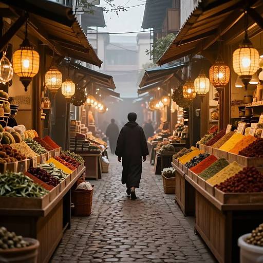 Photograph of a dimly lit, narrow, cobblestone market alley with warm hanging lanterns, colorful vendor stalls, and a solitary figure in