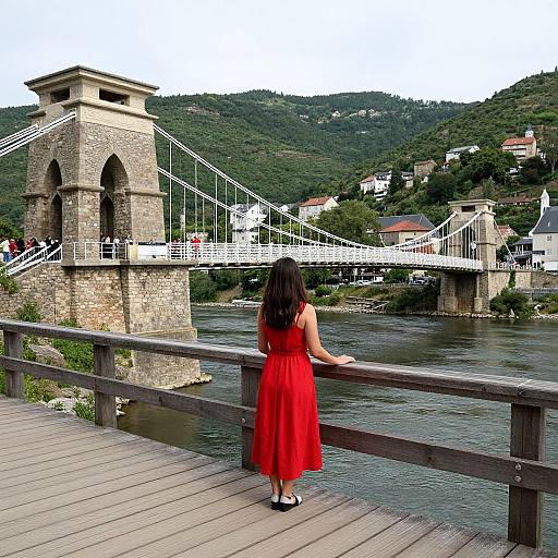 Photograph of a woman in a red dress standing on a wooden bridge, facing a stone suspension bridge over a river, with green hills and small houses