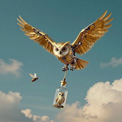 Photograph of a golden owl with spread wings, perched on a glass bottle with a small owl inside, against a bright blue sky with fluffy clouds