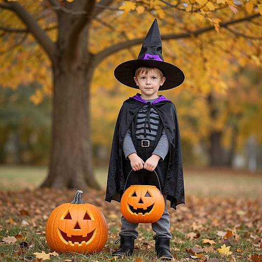 Photograph of a young boy in a black witch hat and cape, holding a carved pumpkin, standing in a fall forest with orange leaves.