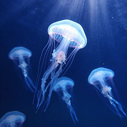 Photograph of glowing blue jellyfish with translucent, flowing tentacles in a dark, deep blue underwater setting. Several jellyfish float gracefully.