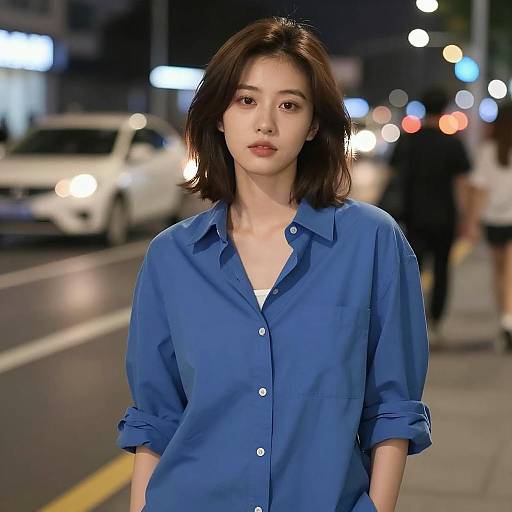 Young Woman in Blue Shirt on Night Street