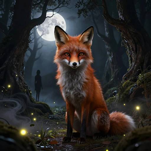 Digital artwork of a red fox with glowing eyes, standing in a dark, enchanted forest under a full moon, surrounded by fireflies. Silhouet