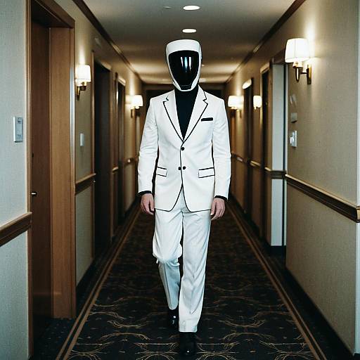 Photograph of a man in a white suit and black mask, walking down a dimly lit, carpeted hotel hallway with wall-mounted lights.
