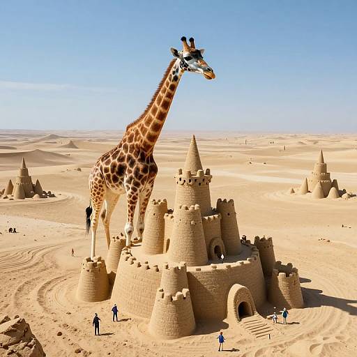 Surreal Azure Giraffe on Sandcastle