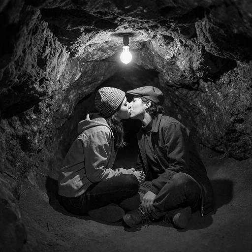 Black-and-White Cave Embrace Under Bulb
