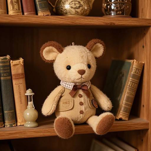 Photograph of a beige teddy bear with brown ears and paws, wearing a brown vest and checkered bowtie, sitting on a wooden book