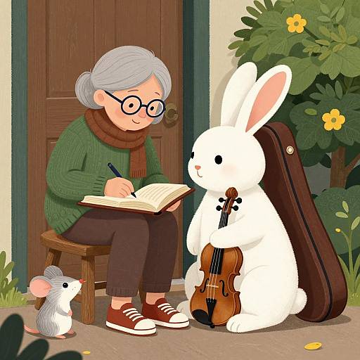 Digital illustration of an elderly woman with gray hair, glasses, green sweater, and brown scarf, writing beside a white rabbit playing violin, and a small