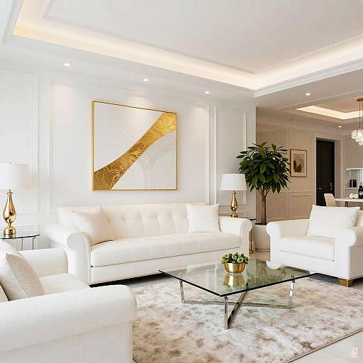 Bright modern living room photograph: white sofas, gold abstract painting, glass coffee table, white rug, gold lamps, potted plant, recessed ceiling