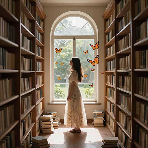 Photograph: Silhouetted woman in white dress, surrounded by bookshelves, stands before arched window with sunlight and floating orange butterflies.