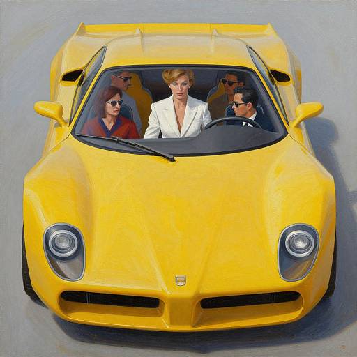 Top-down painting of a bright yellow sports car with four people inside; driver in white, others in sunglasses, against a gray background.