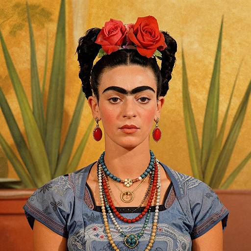 Photograph of Frida Kahlo-style woman with dark hair in red flower buns, blue patterned dress, multiple necklaces, red earrings,