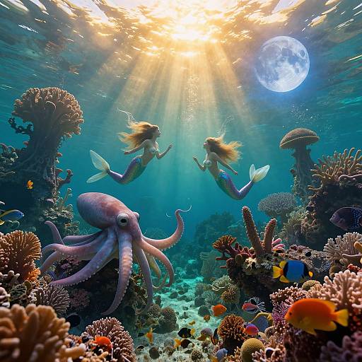 Photograph of two mermaids with flowing hair, underwater with a large octopus, colorful coral reefs, and sunlight filtering from above. Full moon visible