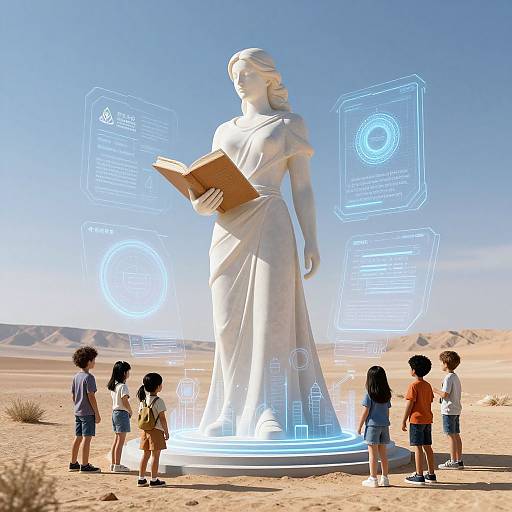 Digital artwork of a white marble statue of a serene woman holding a book, surrounded by glowing blue futuristic holograms in a desert, with six children standing