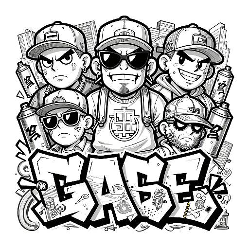 Black-and-white digital drawing of five tough-looking, sunglasses-wearing men in baseball caps and graphic tees, standing closely with 