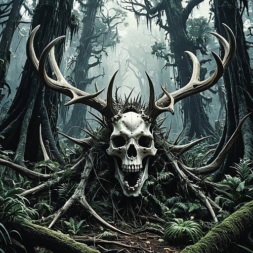 Demonic Skull with Antlers in Haunted Alien Forest