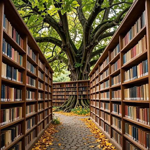 Photograph of a narrow library aisle with tall wooden bookshelves on both sides, leading to a large, sprawling tree with green leaves and yellow leaves