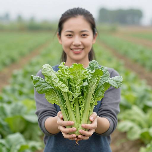 Asian woman with black hair, smiling, holding fresh green leafy vegetables in a blurred, green agricultural field. Photograph.