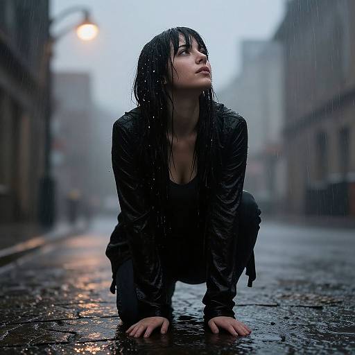 Photograph of a wet-haired woman in a black leather jacket, crouching on a rain-soaked urban street, looking upwards into the misty