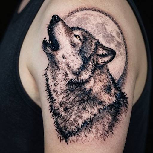Black and grey wolf tattoo on a person's shoulder, head tilted back howling, detailed fur, moon in background, realistic style.