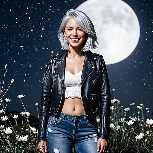 Smiling Woman with Silver Hair Under Full Moon