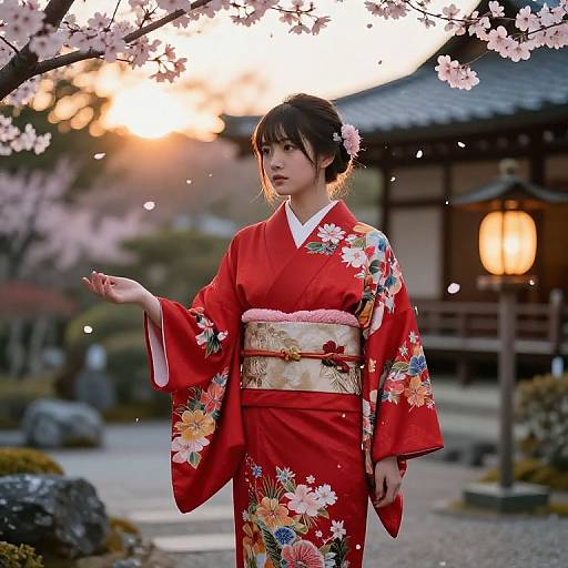 Photograph of a young Japanese woman in a vibrant red floral kimono, standing under cherry blossoms at sunset, traditional lantern lit in background.