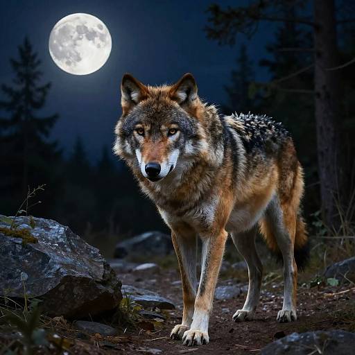 Photograph of a wolf with orange-brown fur, white underbelly, and black markings, standing on a forest path at night under a bright