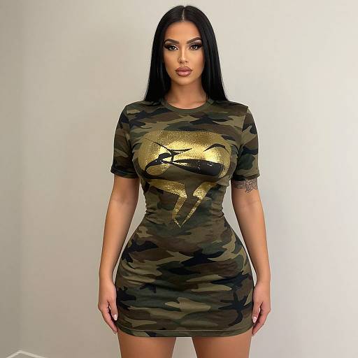 Photograph of a curvy woman with long black hair, wearing a tight, camouflage dress with a gold Superman logo, standing against a plain white background