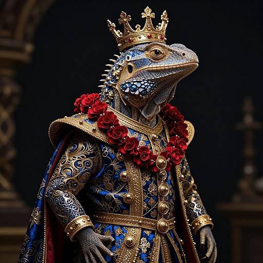 Photorealistic digital artwork of a crowned, regal lizard in ornate, gold and blue armor adorned with red roses, standing against a dark,
