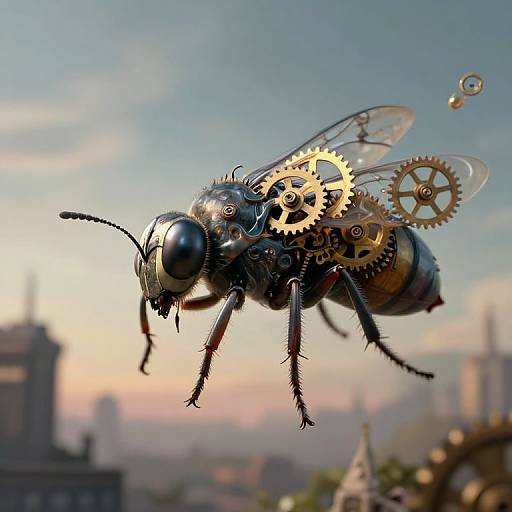Steampunk-inspired, mechanical fly with golden gears, transparent wings, and a shiny black head against a blurred cityscape background at sunset.