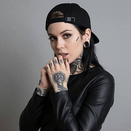 Edgy Tattooed Woman with Shy Expression