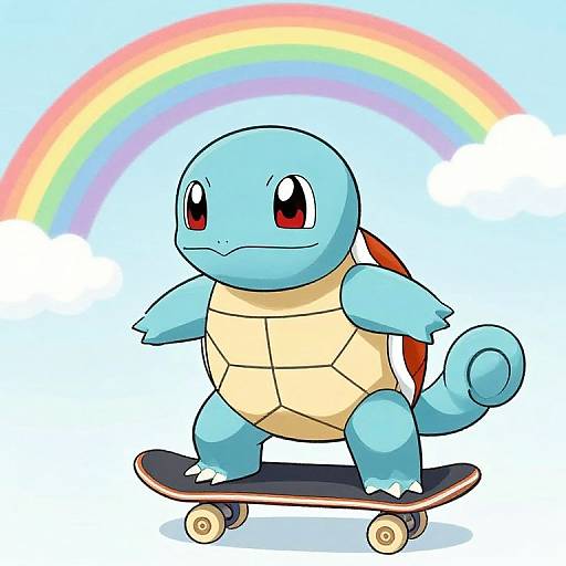 Digital illustration of a blue, turtle-like Pokémon, Squirtle, skateboarding under a vibrant rainbow in a bright blue sky. Squirtle has