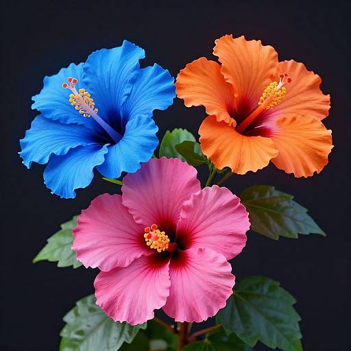 Photograph of vibrant hibiscus flowers: blue, orange, and pink with dark red centers, yellow stamens, and green leaves against