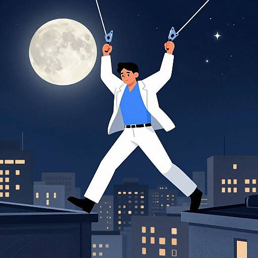 Digital illustration of a man in a white suit and blue shirt, wielding dual pistols, leaping between rooftops under a full moon, with a city