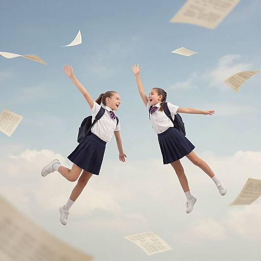 Photograph of two laughing schoolgirls in white shirts and navy skirts, jumping with arms raised, papers flying around against a bright blue sky.