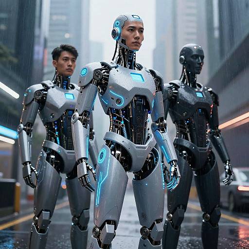 Cybernetic Men in Futuristic Cityscape