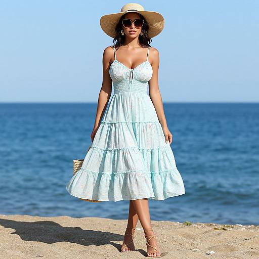 Photograph of a woman in a white sundress and straw hat standing on a sandy beach with the blue ocean in the background.